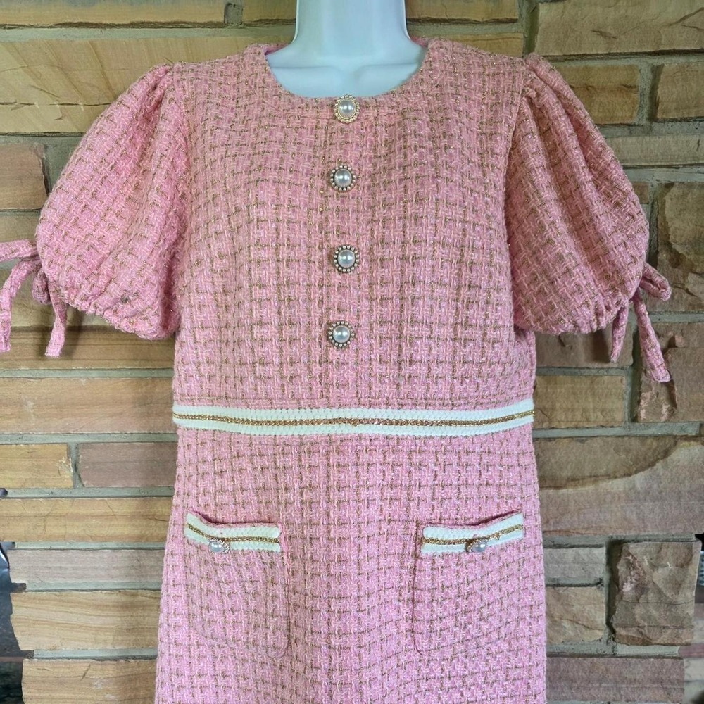 Simply Southern Collection Pink Tweed Dress Large Pearl Button Bouclé Preppy